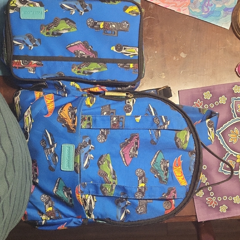 Blue Backpack and Lunchbox Set with Car Print
